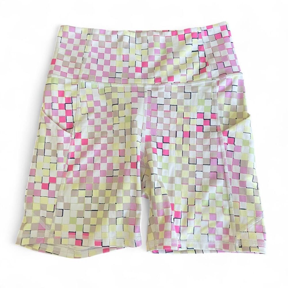 Fabletics Women's Multi Colored Checkered Spandex Running Yoga Shorts